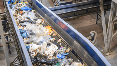 Trash on a conveyer belt in a factory